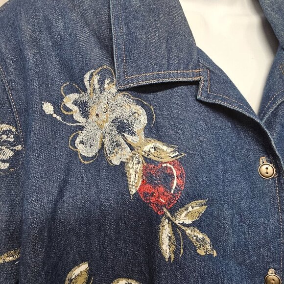 Vintage Blue Chambray Blouse "Painted" Floral Studded Ruched Boho Artsy 22W - Picture 3 of 12